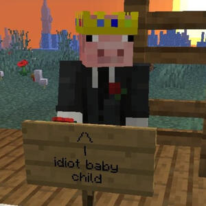 Technoblade wearing a suit standing in front of a sign with an arrow pointing upwards reading "idiot baby"