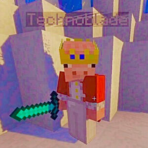 Picture of Technoblade standing in front of a snowbank wearing iron pants and holding a diamond sword
