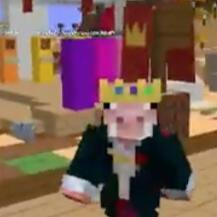 Technoblade in his vampire Halloween skin walking along the Minecraft Championships lobby in f5, looking up at the camera