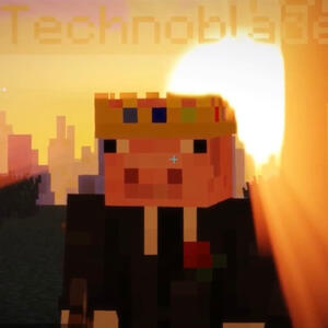 Technoblade wearing a suit, back-lit by a powerful shaders pack sun